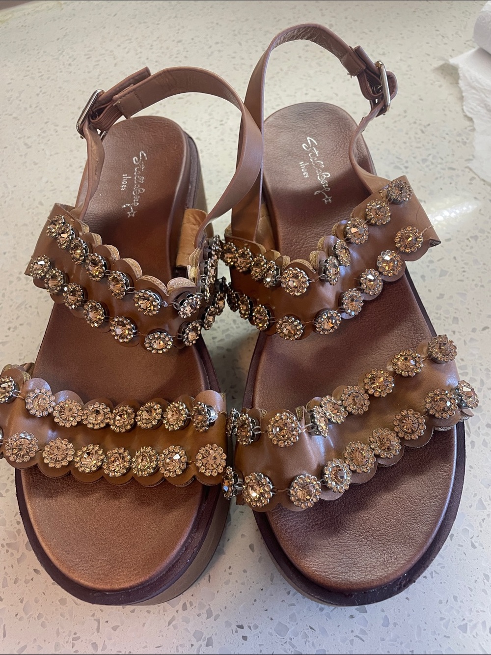 Embellished Tan Leather Scalloped Sandals with Crystal Rosettes